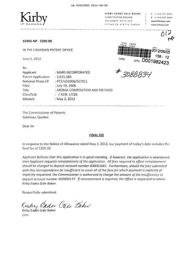 Document de brevet canadien 2615583. Correspondance 20120605. Image 1 de 1
