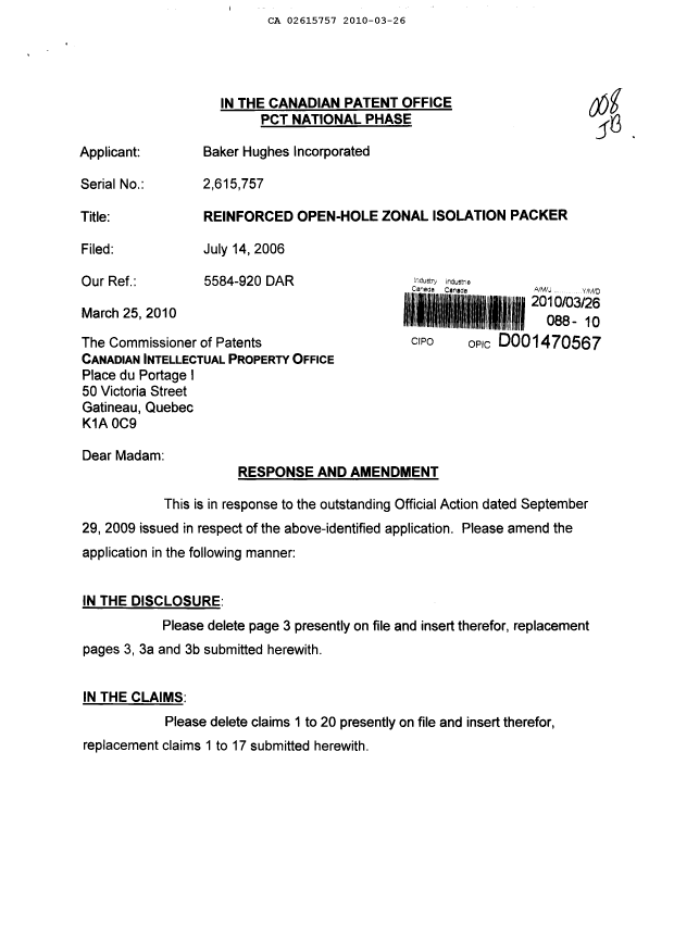 Canadian Patent Document 2615757. Prosecution-Amendment 20091226. Image 1 of 10
