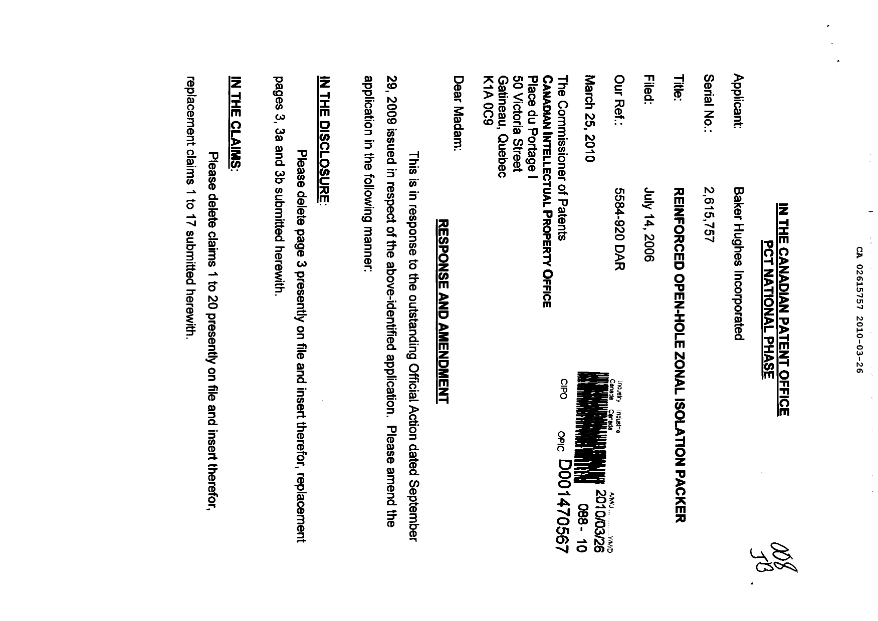 Canadian Patent Document 2615757. Prosecution-Amendment 20091226. Image 1 of 10