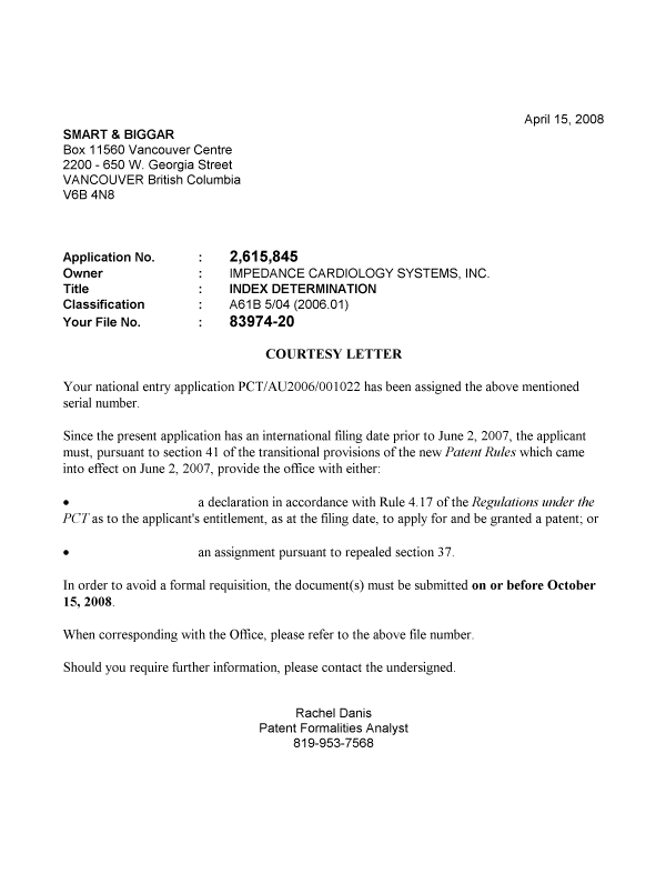 Canadian Patent Document 2615845. Correspondence 20071209. Image 1 of 1
