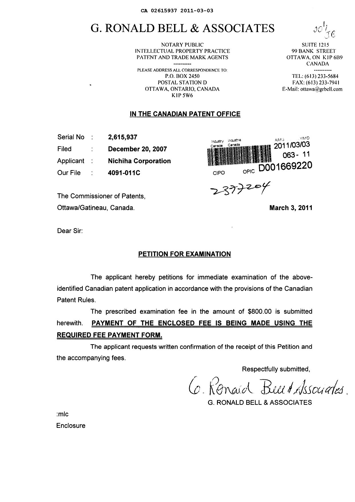 Canadian Patent Document 2615937. Prosecution-Amendment 20110303. Image 1 of 1