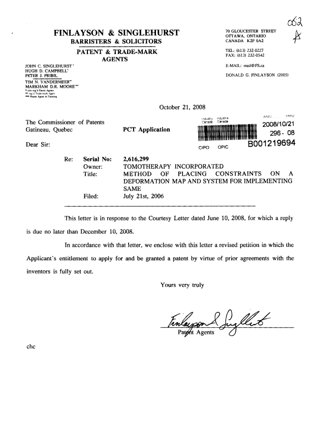 Document de brevet canadien 2616299. Correspondance 20081021. Image 1 de 1