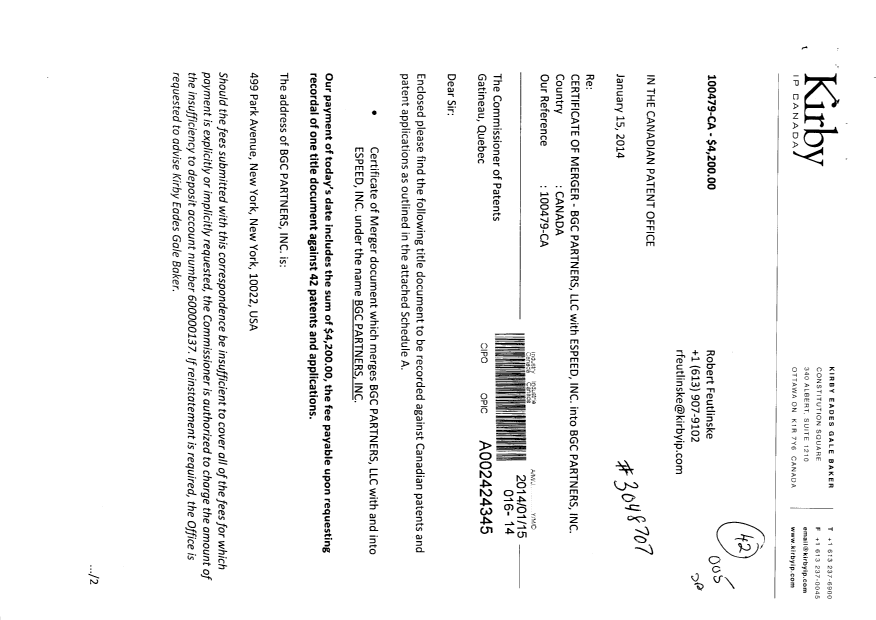 Canadian Patent Document 2616388. Assignment 20140115. Image 1 of 6
