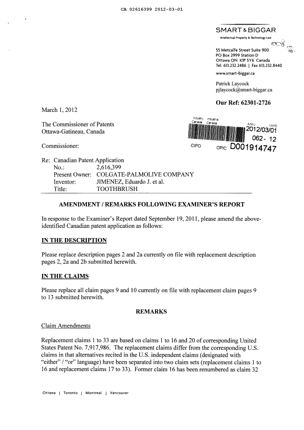 Canadian Patent Document 2616399. Prosecution-Amendment 20120301. Image 1 of 12