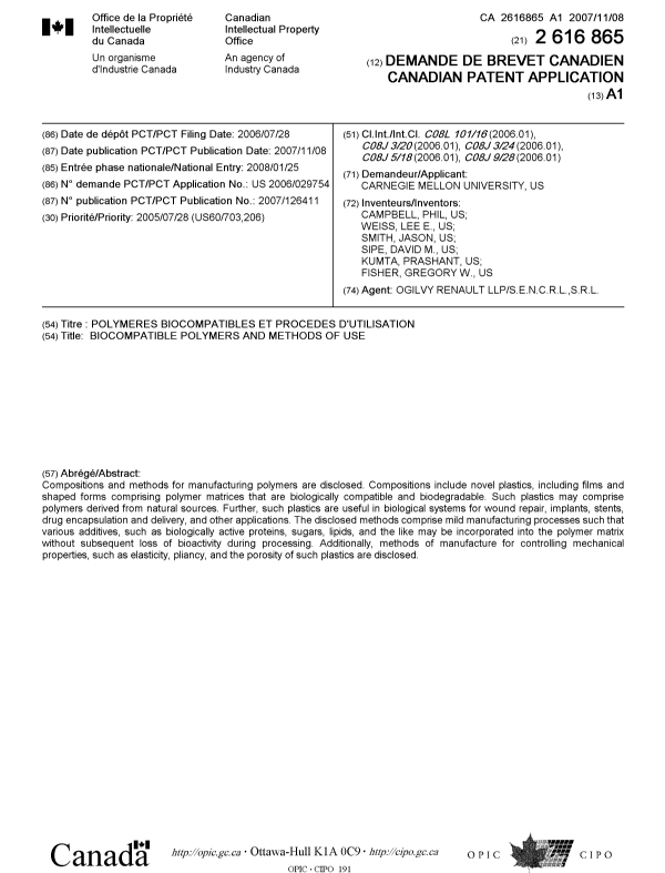 Canadian Patent Document 2616865. Cover Page 20071218. Image 1 of 1