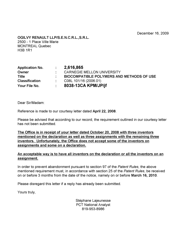 Canadian Patent Document 2616865. Correspondence 20081216. Image 1 of 1