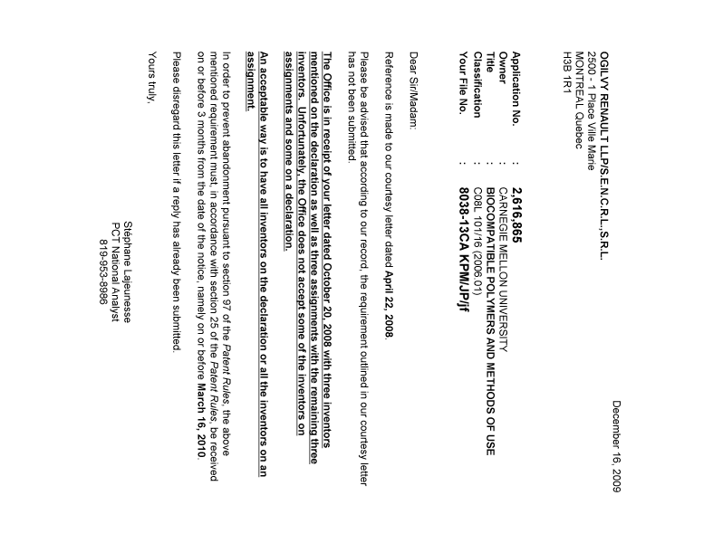 Canadian Patent Document 2616865. Correspondence 20091216. Image 1 of 1