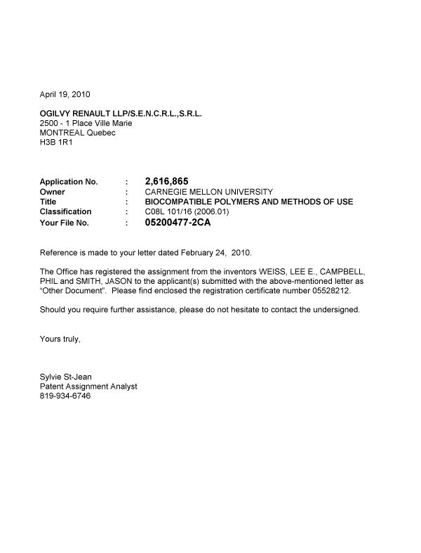 Canadian Patent Document 2616865. Correspondence 20091219. Image 1 of 1