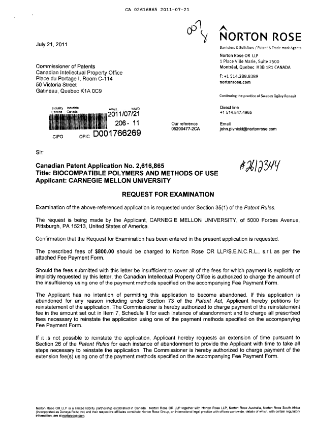 Canadian Patent Document 2616865. Prosecution-Amendment 20101221. Image 1 of 2