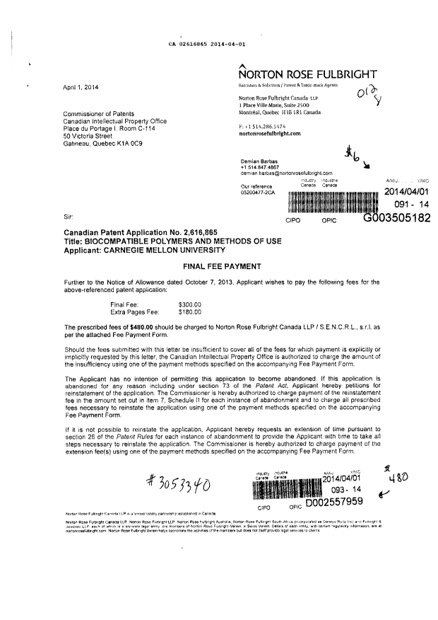 Canadian Patent Document 2616865. Correspondence 20131201. Image 1 of 2