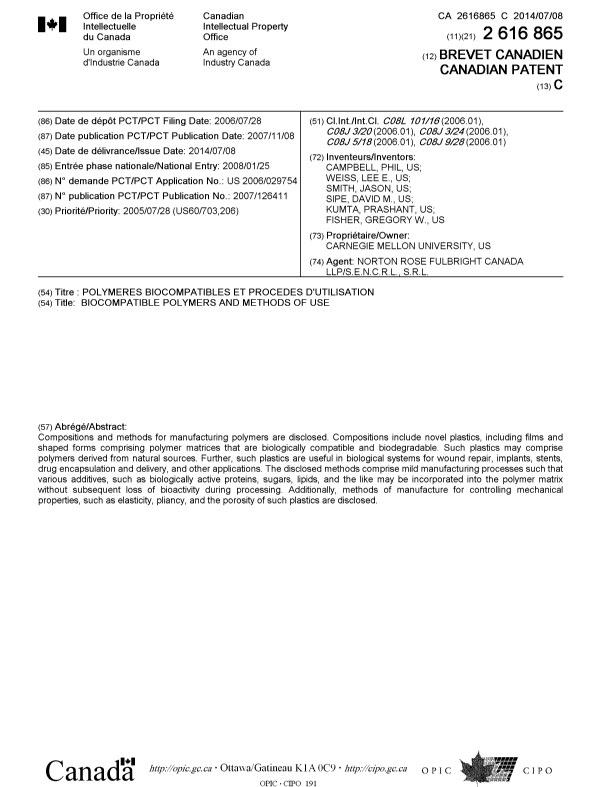 Canadian Patent Document 2616865. Cover Page 20131209. Image 1 of 1