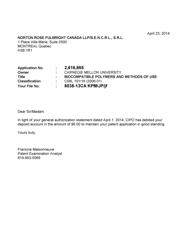 Canadian Patent Document 2616865. Correspondence 20131223. Image 1 of 1