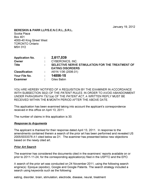 Canadian Patent Document 2617039. Prosecution-Amendment 20120119. Image 1 of 4