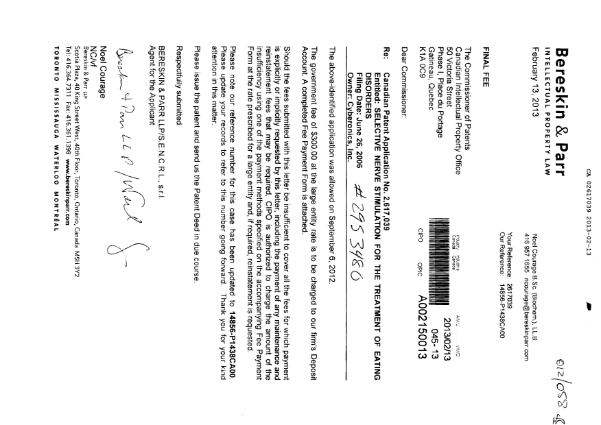 Canadian Patent Document 2617039. Correspondence 20130213. Image 1 of 1