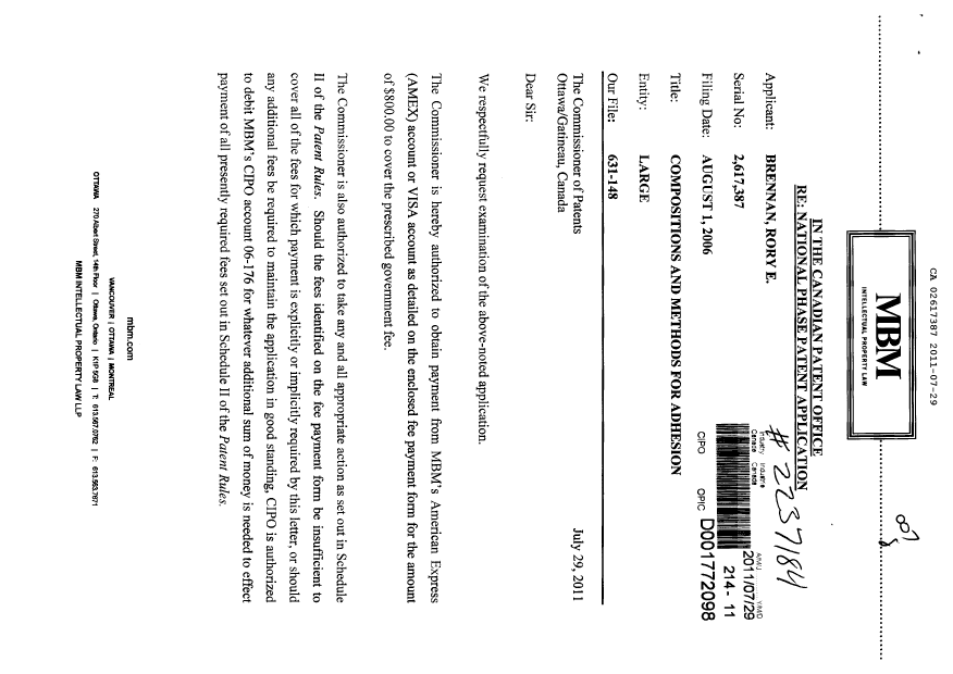 Canadian Patent Document 2617387. Prosecution-Amendment 20110729. Image 1 of 2