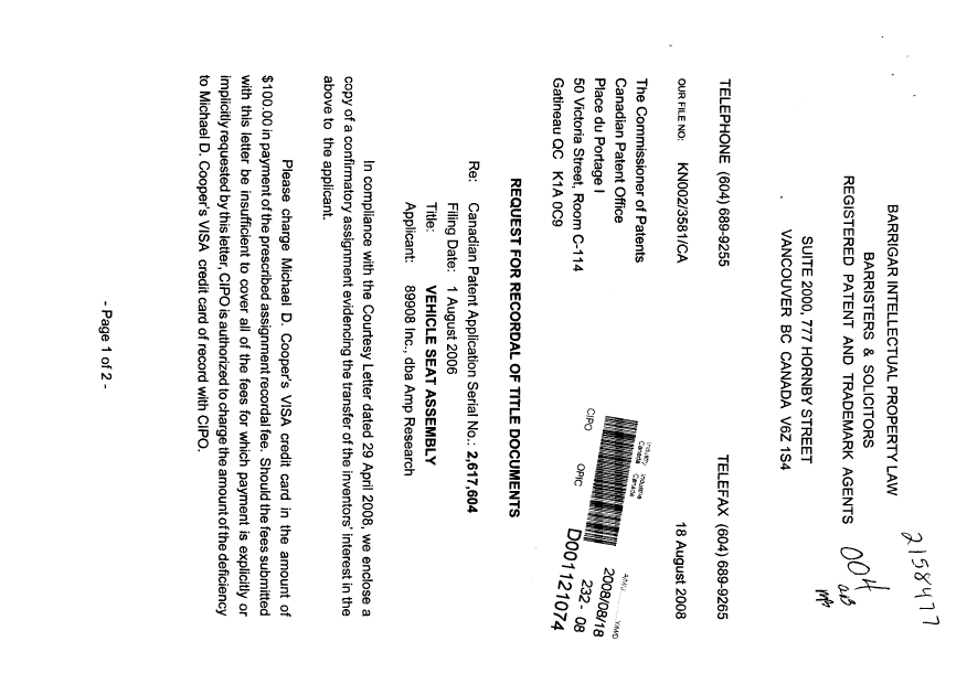 Document de brevet canadien 2617604. Cession 20080818. Image 1 de 4