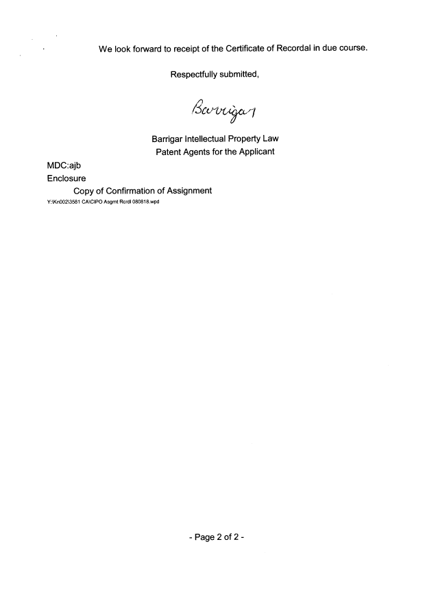 Document de brevet canadien 2617604. Cession 20080818. Image 2 de 4