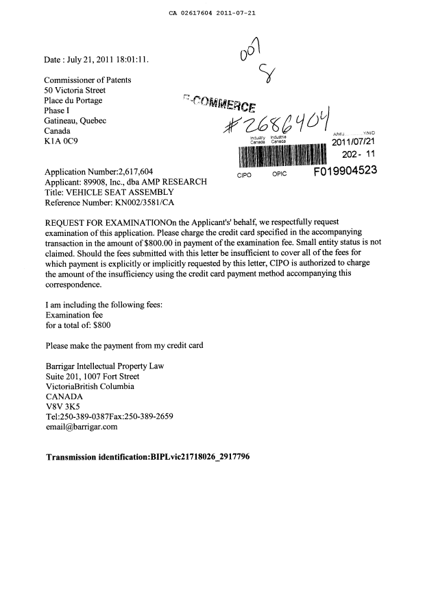 Canadian Patent Document 2617604. Prosecution-Amendment 20101221. Image 1 of 1