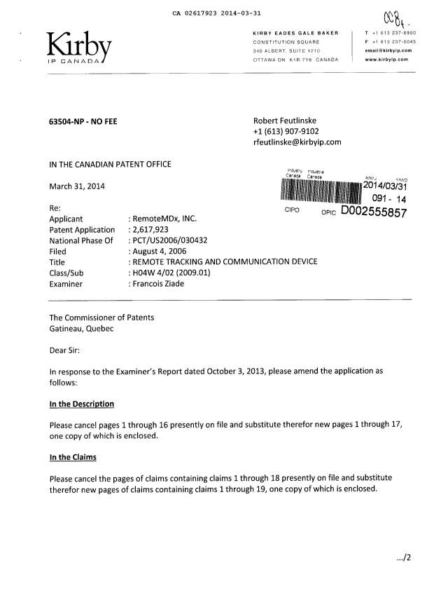 Document de brevet canadien 2617923. Poursuite-Amendment 20140331. Image 1 de 23