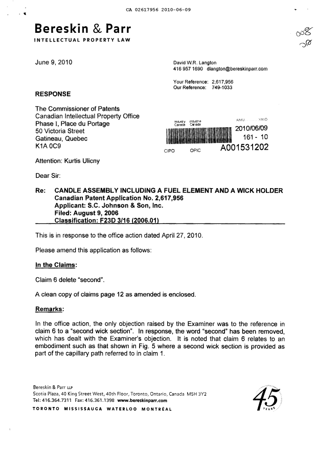 Canadian Patent Document 2617956. Prosecution-Amendment 20100609. Image 1 of 3