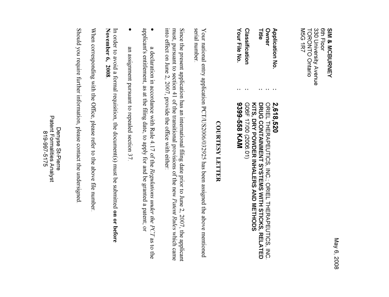 Canadian Patent Document 2618520. Correspondence 20080429. Image 1 of 1
