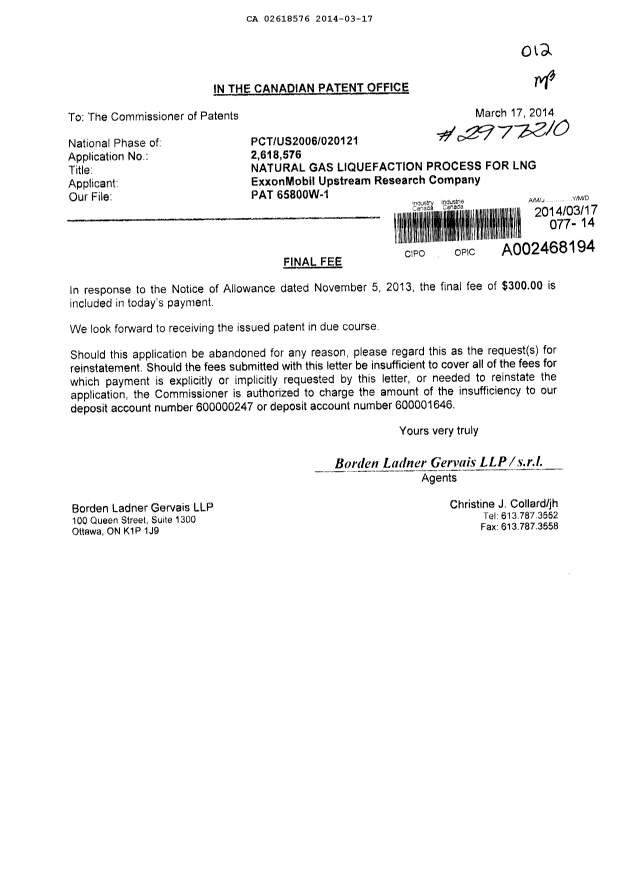 Document de brevet canadien 2618576. Correspondance 20140317. Image 1 de 1