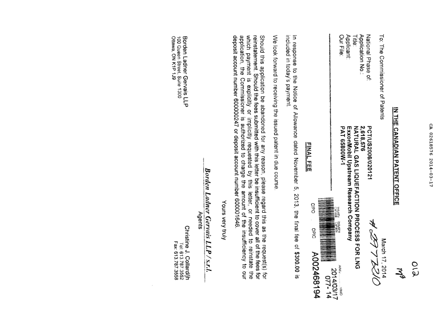 Canadian Patent Document 2618576. Correspondence 20140317. Image 1 of 1