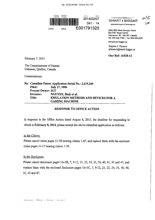Canadian Patent Document 2619349. Prosecution-Amendment 20131207. Image 1 of 38