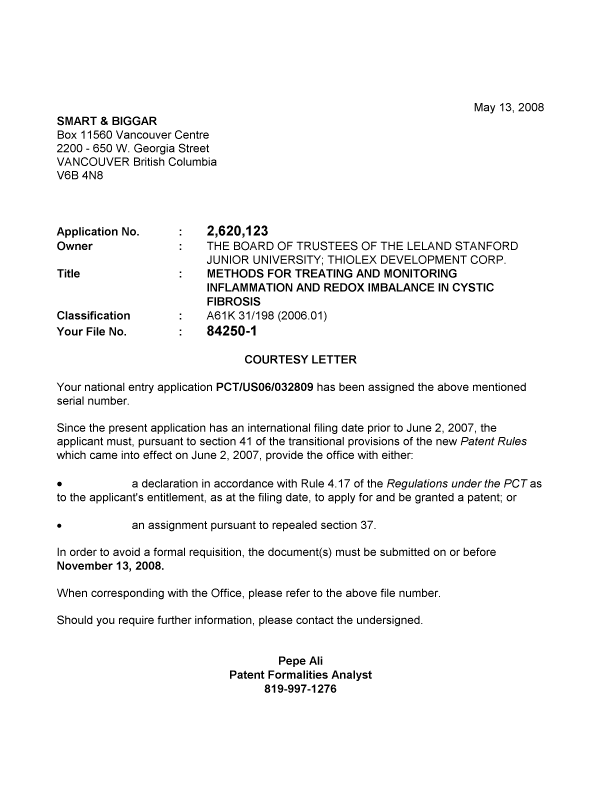 Document de brevet canadien 2620123. Correspondance 20080510. Image 1 de 1