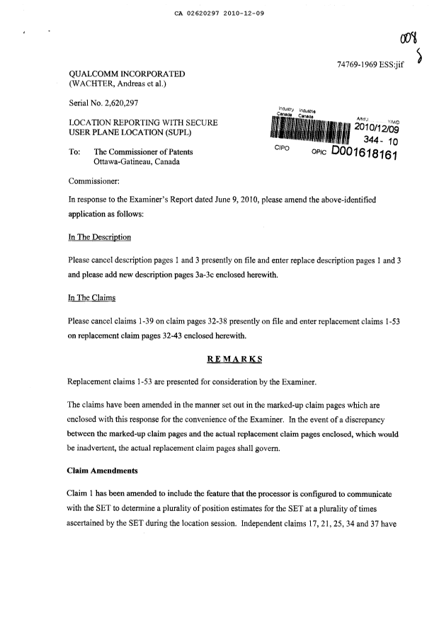 Document de brevet canadien 2620297. Poursuite-Amendment 20091209. Image 1 de 34