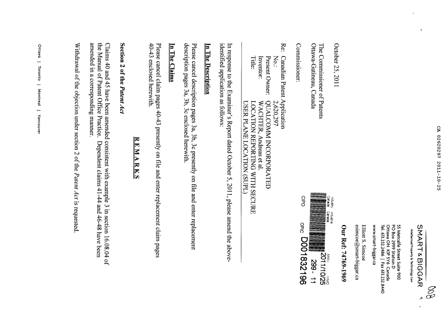 Document de brevet canadien 2620297. Poursuite-Amendment 20101225. Image 1 de 9