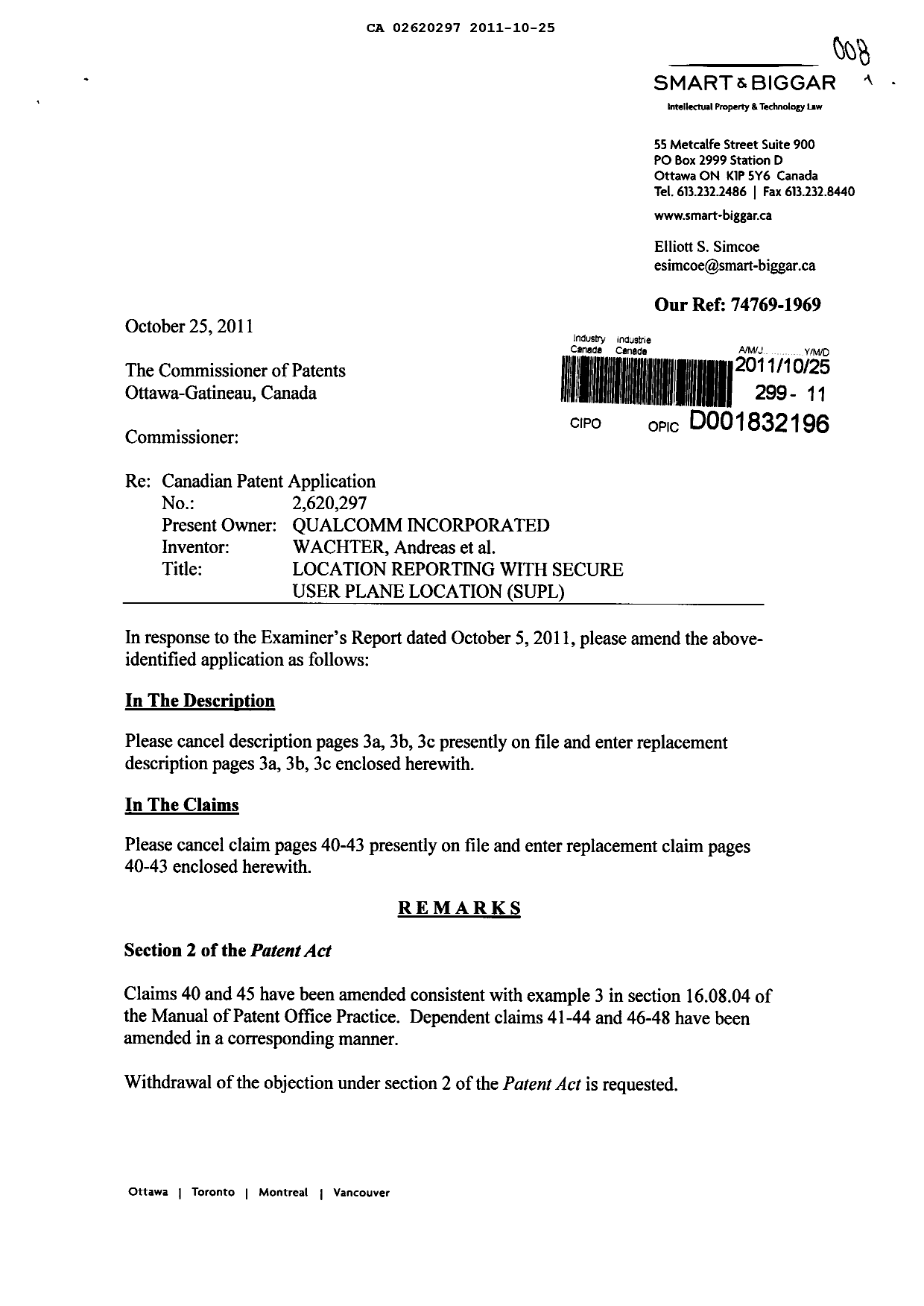 Canadian Patent Document 2620297. Prosecution-Amendment 20101225. Image 1 of 9