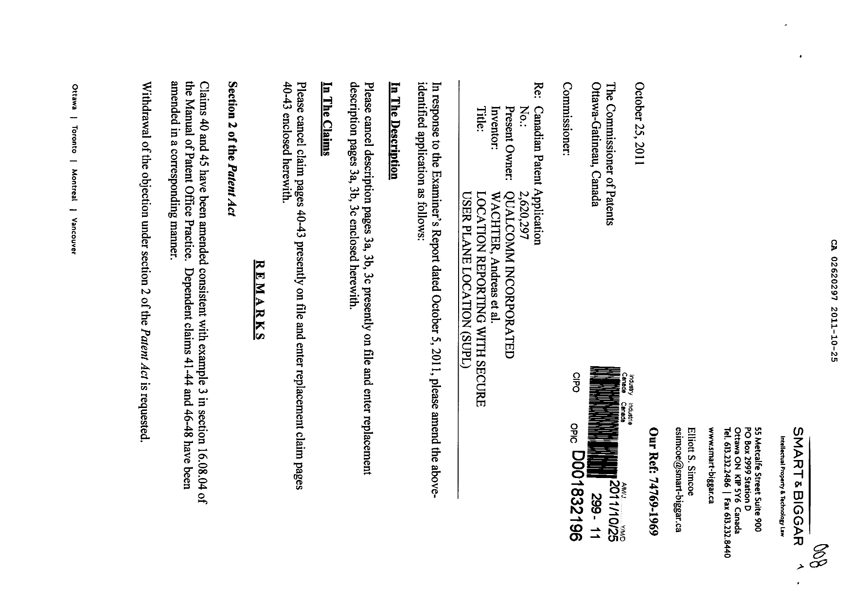 Document de brevet canadien 2620297. Poursuite-Amendment 20101225. Image 1 de 9