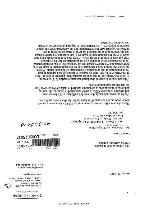 Canadian Patent Document 2620297. Correspondence 20111221. Image 1 of 2