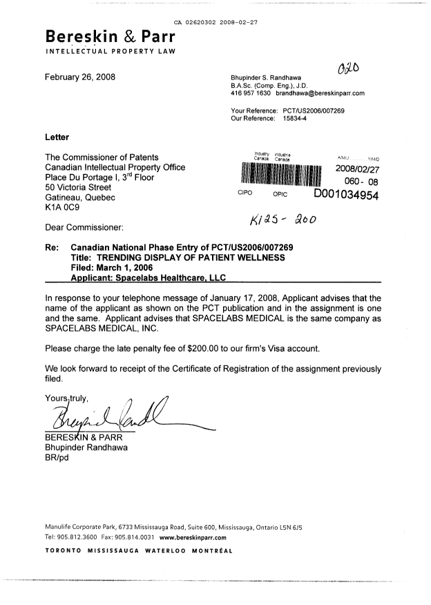 Document de brevet canadien 2620302. Correspondance 20080227. Image 1 de 1