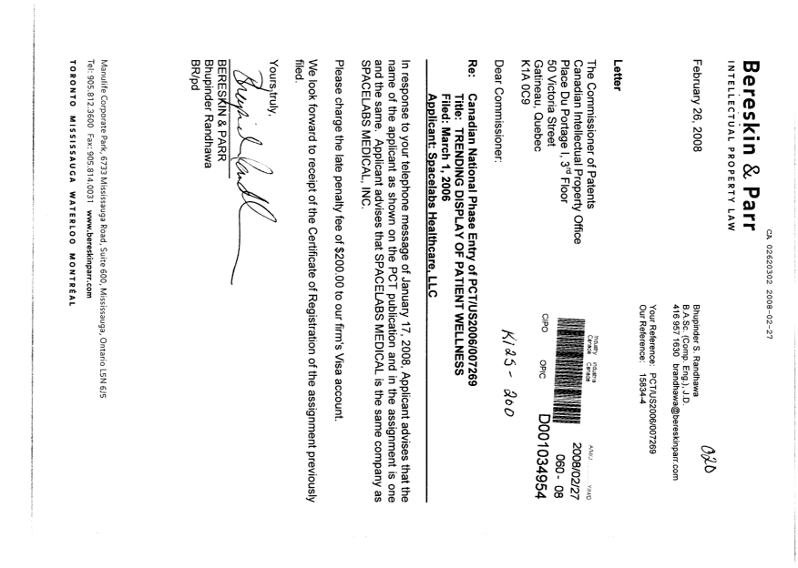 Canadian Patent Document 2620302. Correspondence 20080227. Image 1 of 1