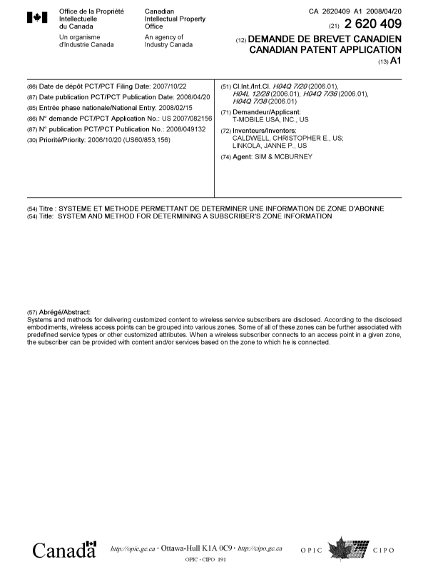 Document de brevet canadien 2620409. Page couverture 20071207. Image 1 de 1