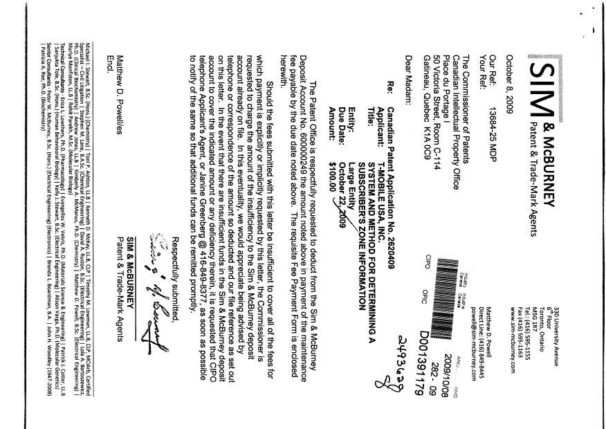 Document de brevet canadien 2620409. Taxes 20081208. Image 1 de 1