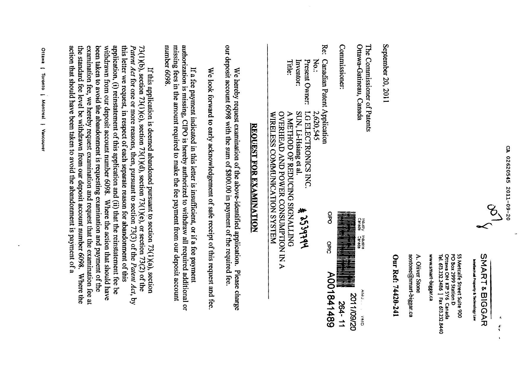 Canadian Patent Document 2620545. Prosecution-Amendment 20101220. Image 1 of 2