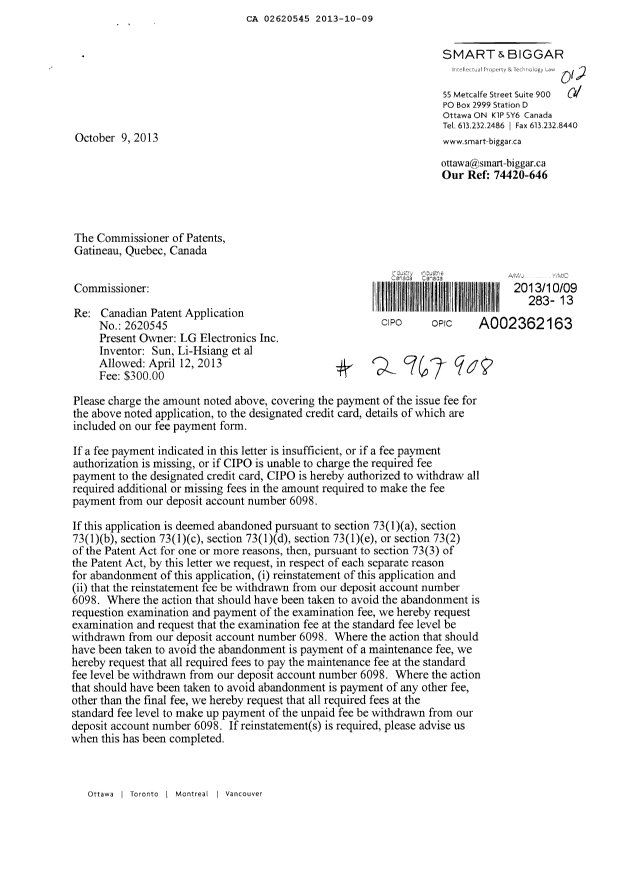 Canadian Patent Document 2620545. Correspondence 20121209. Image 1 of 2