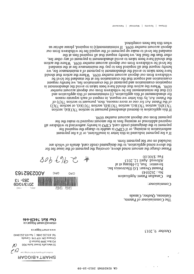 Document de brevet canadien 2620545. Correspondance 20121209. Image 1 de 2