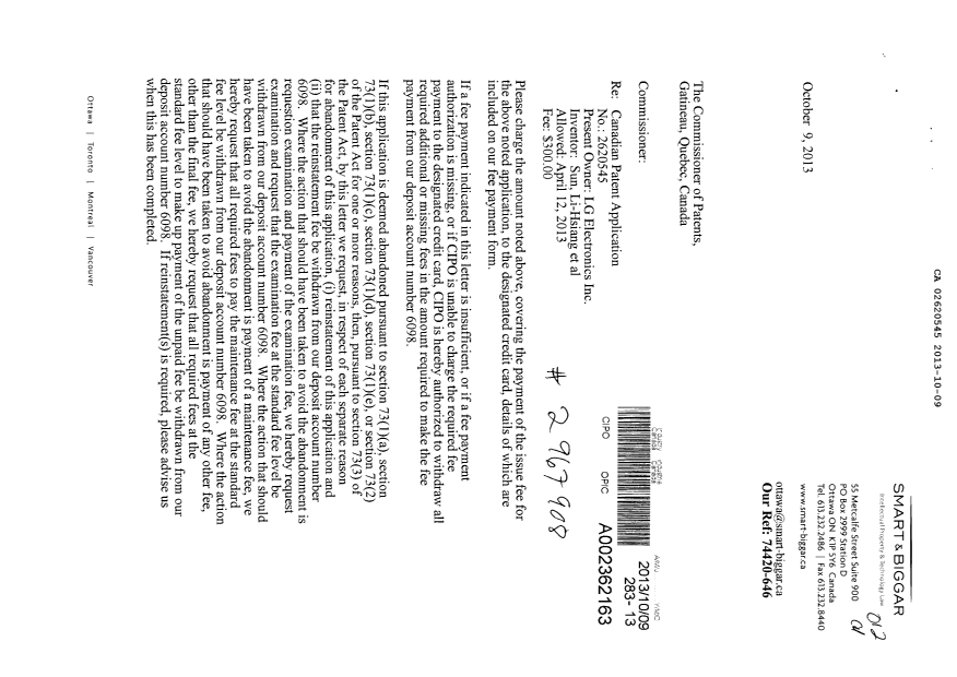 Document de brevet canadien 2620545. Correspondance 20121209. Image 1 de 2