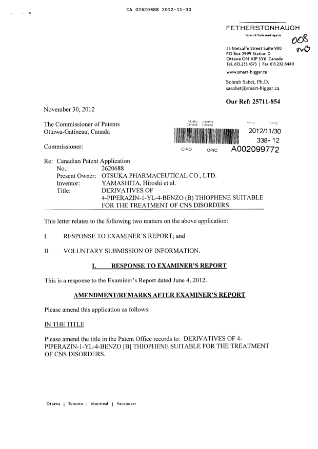 Canadian Patent Document 2620688. Prosecution-Amendment 20111230. Image 1 of 50