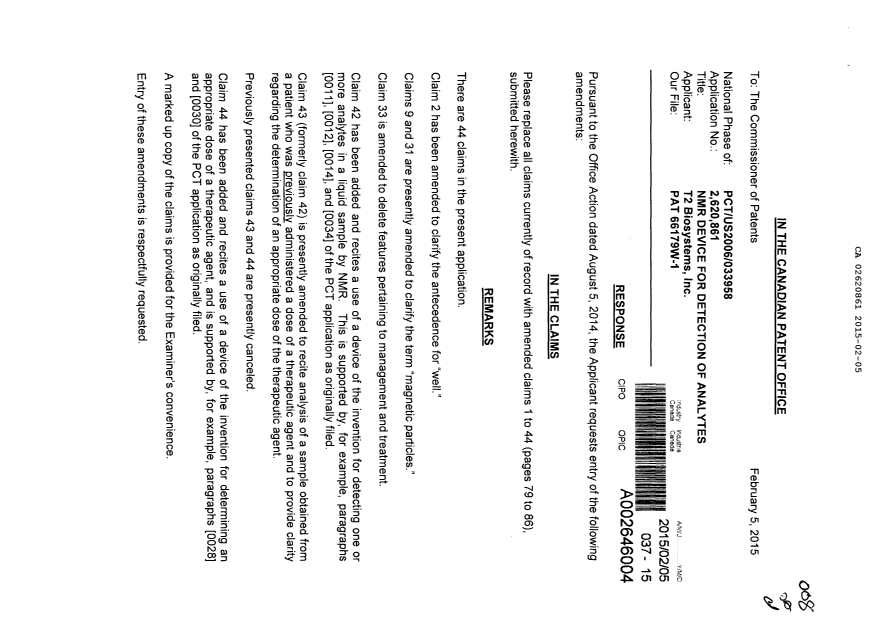 Canadian Patent Document 2620861. Prosecution-Amendment 20150205. Image 1 of 20