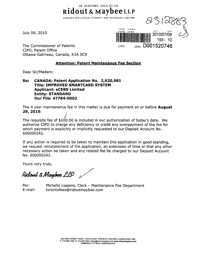 Canadian Patent Document 2620981. Fees 20100709. Image 1 of 1