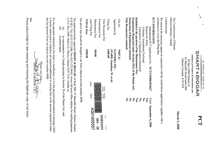 Canadian Patent Document 2621103. Assignment 20080303. Image 1 of 2