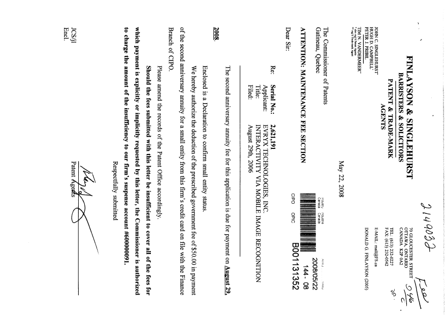 Document de brevet canadien 2621191. Correspondance 20080522. Image 1 de 2