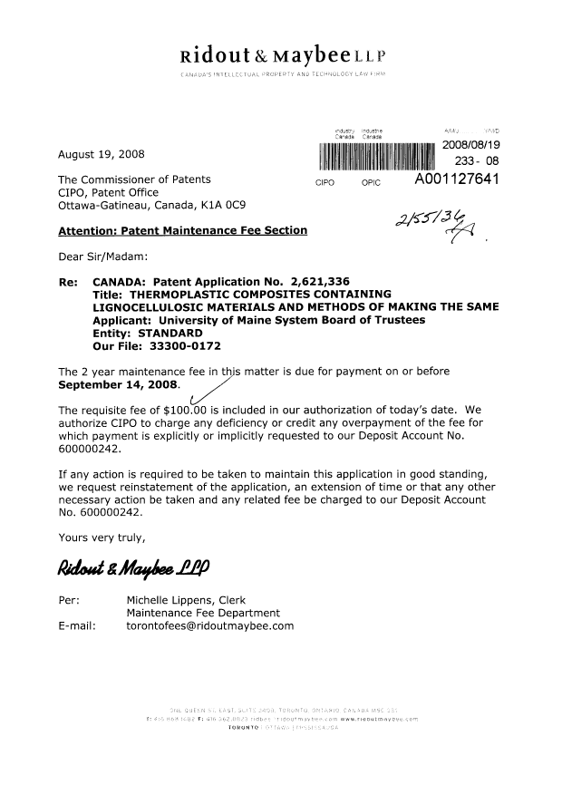 Canadian Patent Document 2621336. Fees 20080819. Image 1 of 1