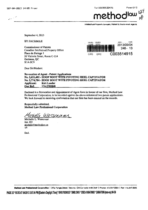 Document de brevet canadien 2621402. Correspondance 20130904. Image 1 de 3