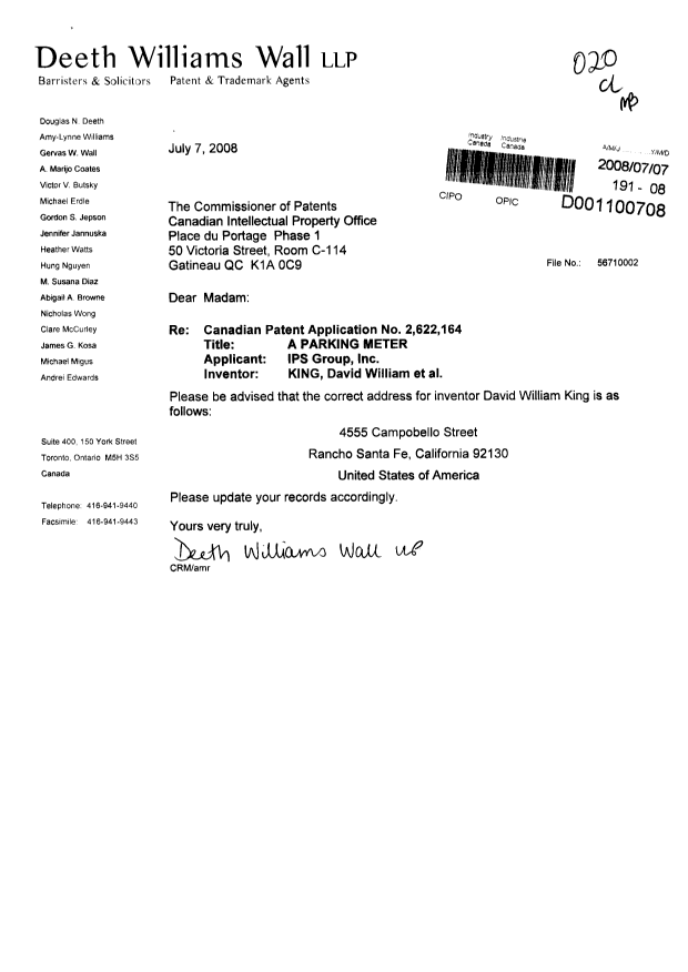 Document de brevet canadien 2622164. Correspondance 20071207. Image 1 de 1